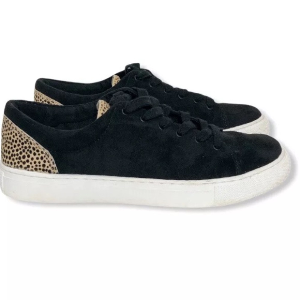 J Crew Factory Road Trip black microsuede sneakers w/ fur animal print heel Sz 7